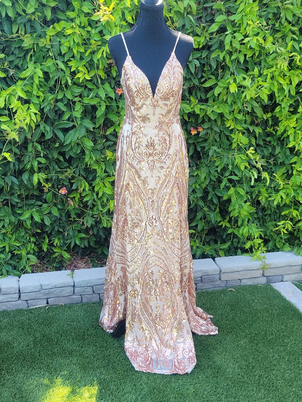 Rose Gold Sequin V-Neck Evening Dress with Spaghetti Straps Sz S